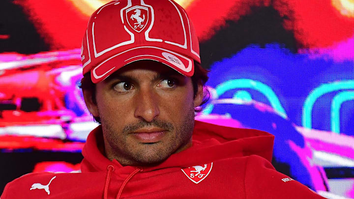 Nov 15, 2023; Las Vegas, Nevada, USA; Scuderia Ferrari driver Carlos Sainz Jr. of Spain during media availabilities at Las Vegas Strip Circuit. Mandatory Credit: Gary A. Vasquez-USA TODAY Sports