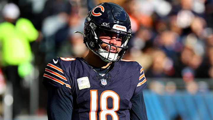 Chicago Bears quarterback Caleb Williams (18) reacts after a pass against the New England Patriots.