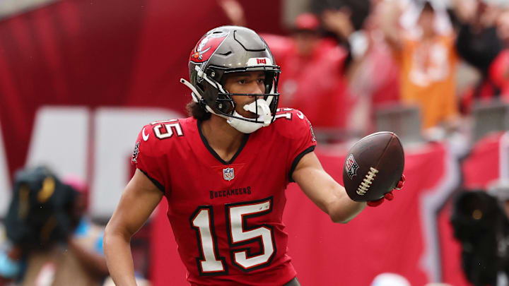 Tampa Bay Buccaneers wide receiver Jalen McMillan scores a touchdown against the Carolina Panthers.