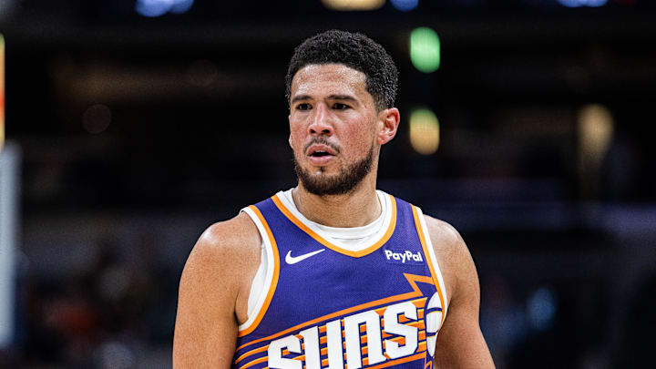 Mar 12, 2026; Indianapolis, Indiana, USA; Phoenix Suns guard Devin Booker (1) in the first half against the Indiana Pacers at Gainbridge Fieldhouse. Mandatory Credit: Trevor Ruszkowski-Imagn Images
