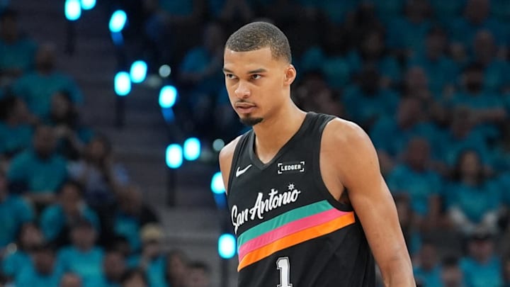 May 4, 2026; San Antonio, Texas, USA; San Antonio Spurs forward Victor Wembanyama (1) looks up the court in the second half against the Minnesota Timberwolves during game one of the second round of the 2026 NBA Playoffs at Frost Bank Center. Mandatory Credit: Daniel Dunn-Imagn Images