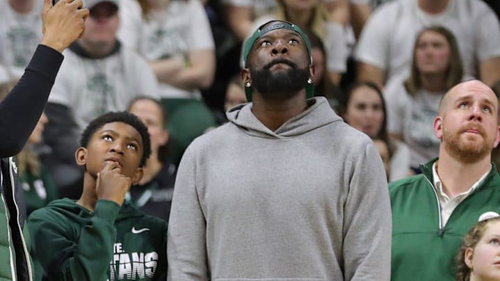 The Michigan State 2000 national championship team is honored at halftime on the 20-year anniversary of their NCAA title Saturday, Feb. 15, 2020 at the Breslin Center in East Lansing. Left to right: A. J. Granger (43), Aloysius Anagonye (25), Morris Peterson (42) and Jason Richardson (23).

Michigan State 2000 team