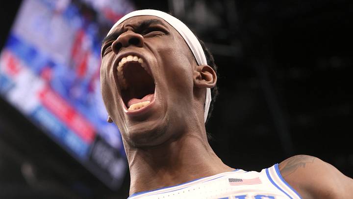 Memphis Tigers center Jalen Duren celebrates his and-1 as the ball falls through the hoop after he is fouled by the Houston Cougars at FedExForum on Sunday, March 6, 2022.

Jrca3539