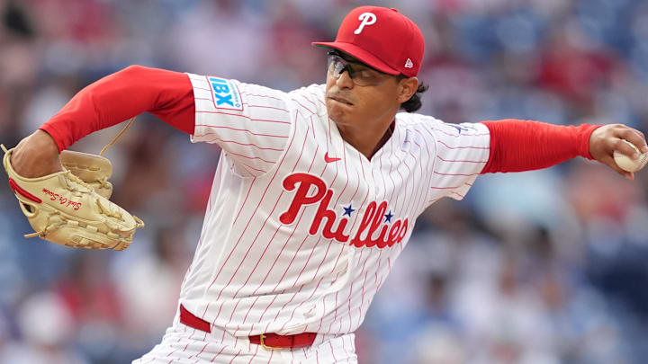 Apr 15, 2026; Philadelphia, Pennsylvania, USA; Philadelphia Phillies starting pitcher Jesus Luzardo (42) throws a pitch against the Chicago Cubs in the first inning at Citizens Bank Park.
