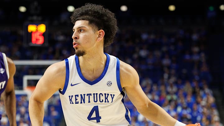Oct 23, 2024; Lexington, KY, USA; Kentucky Wildcats guard Koby Brea (4) drives to the basket during the second half against the Kentucky Wesleyan Panthers at Rupp Arena at Central Bank Center. Mandatory Credit: Jordan Prather-Imagn Images Oct 23, 2024; Lexington, KY, USA; Kentucky Wildcats guard Koby Brea (4) drives to the basket during the second half against the Kentucky Wesleyan Panthers at Rupp Arena at Central Bank Center. Mandatory Credit: Jordan Prather-Imagn Images