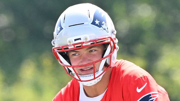 Jul 25, 2026; Foxborough, MA, USA; New England Patriots quarterback Drake Maye (10) under center at training camp at Gillette Stadium. Mandatory Credit: Eric Canha-Imagn Images