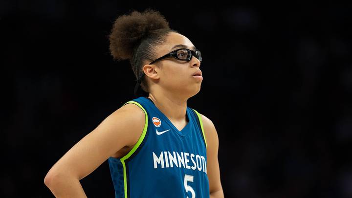 Jun 6, 2026; Minneapolis, Minnesota, USA; Minnesota Lynx guard Olivia Miles (5) looks on against the Seattle Storm in the first half at Target Center. Mandatory Credit: Jesse Johnson-Imagn Images