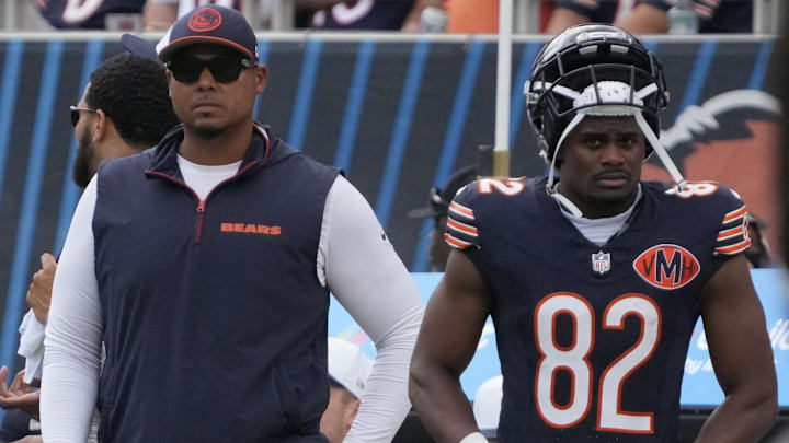 Chicago Bears general manager Ryan Poles on the sidelines during the second half against the Miami Dolphins at Soldier Field.