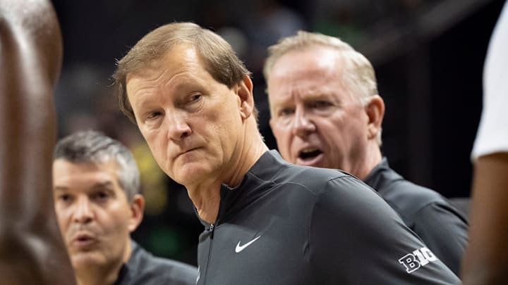 Oregon head coach Dana Altman looks on during a timeout as the Oregon Ducks host the Hawaii Rainbow Warriors on Nov. 4, 2025, at Matthew Knight Arena in Eugene, Oregon. Oregon head coach Dana Altman looks on during a timeout as the Oregon Ducks host the Hawaii Rainbow Warriors on Nov. 4, 2025, at Matthew Knight Arena in Eugene, Oregon.