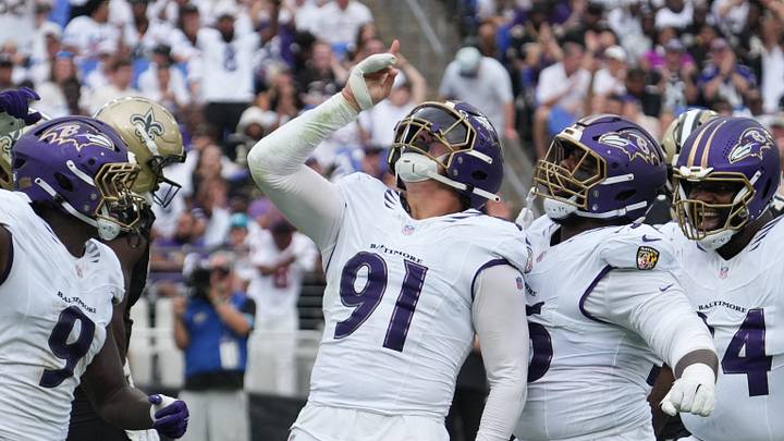 Sep 20, 2026; Baltimore, Maryland, USA; Baltimore Ravens linebacker Trey Hendrickson (91) reacts after a sack in the third quarter against the New Orleans Saints at M&T Bank Stadium. Mandatory Credit: James Lang-Imagn Images Sep 20, 2026; Baltimore, Maryland, USA; Baltimore Ravens linebacker Trey Hendrickson (91) reacts after a sack in the third quarter against the New Orleans Saints at M&T Bank Stadium. Mandatory Credit: James Lang-Imagn Images