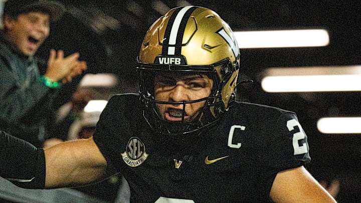 Vanderbilt Commodores quarterback Diego Pavia (2) celebrates with the fans after scoring a touchdown against South Carolina Gamecocks during the third quarter at FirstBank Stadium in Nashville, Tenn., Saturday, Nov. 9, 2024 Vanderbilt Commodores quarterback Diego Pavia (2) celebrates with the fans after scoring a touchdown against South Carolina Gamecocks during the third quarter at FirstBank Stadium in Nashville, Tenn., Saturday, Nov. 9, 2024