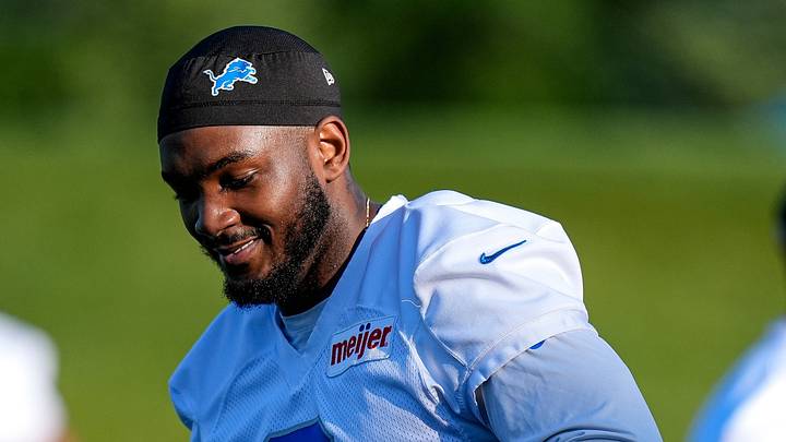Detroit Lions defensive end Derrick Moore (9) practices during training camp at Meijer Performance Center in Allen Park on Wednesday, July 29, 2026.