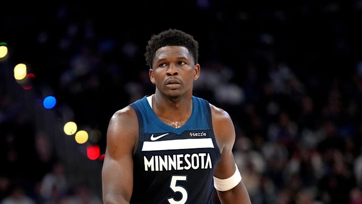 Mar 13, 2026; San Francisco, California, USA; Minnesota Timberwolves guard Anthony Edwards (5) walks on the court during a break in the action against the Golden State Warriors in the third quarter at the Chase Center. Mandatory Credit: Cary Edmondson-Imagn Images Mar 13, 2026; San Francisco, California, USA; Minnesota Timberwolves guard Anthony Edwards (5) walks on the court during a break in the action against the Golden State Warriors in the third quarter at the Chase Center. Mandatory Credit: Cary Edmondson-Imagn Images