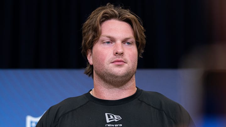 Feb 28, 2026; Indianapolis, IN, USA; Clemson offensive lineman Blake Miller (OL35) speaks to members of the media during the NFL Combine at the Indiana Convention Center. Mandatory Credit: Jacob Musselman-Imagn Images