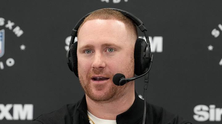 Feb 24, 2026; Indianapolis, IN, USA; Buffalo Bills coach Joe Brady on the SiriusXM NFL Radio set at the NFL Scouting Combine at the Indiana Convention Center. Mandatory Credit: Kirby Lee-Imagn Images