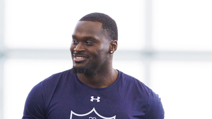 Running back Jeremiyah Love, right, during Notre Dame football's Pro Day at Irish Athletic Center on Tuesday, March 24, 2026, in South Bend. Running back Jeremiyah Love, right, during Notre Dame football's Pro Day at Irish Athletic Center on Tuesday, March 24, 2026, in South Bend.