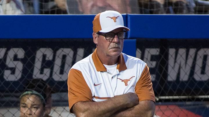 Texas Longhorns head coach Mike White waits on the outcome of a review in the fifth inning against the Texas Tech Red Raiders during Game One of the NCAA Women’s College World Series championship series at Devon Park. Texas Longhorns head coach Mike White waits on the outcome of a review in the fifth inning against the Texas Tech Red Raiders during Game One of the NCAA Women’s College World Series championship series at Devon Park.