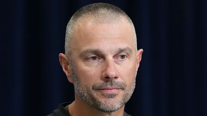 Feb 24, 2026; Indianapolis, IN, USA; Las Vegas Raiders general manager John Spytek speaks at the NFL Scouting Combine at the Indiana Convention Center. Mandatory Credit: Kirby Lee-Imagn Images