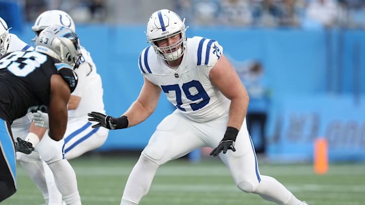 Nov 5, 2023; Charlotte, North Carolina, USA; Indianapolis Colts offensive tackle Bernhard Raimann (79) during the first quarter against the Carolina Panthers at Bank of America Stadium. 