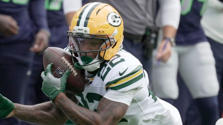 Green Bay Packers wide receiver Matthew Golden (22) makes a 39-yard reception against Seattle. Green Bay Packers wide receiver Matthew Golden (22) makes a 39-yard reception against Seattle.