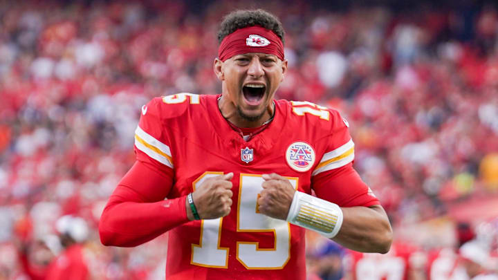 Aug 22, 2025; Kansas City, Missouri, USA; Kansas City Chiefs quarterback Patrick Mahomes (15) celebrates toward fans against the Chicago Bears during the first half of the game at GEHA Field at Arrowhead Stadium. Mandatory Credit: Denny Medley-Imagn Images
