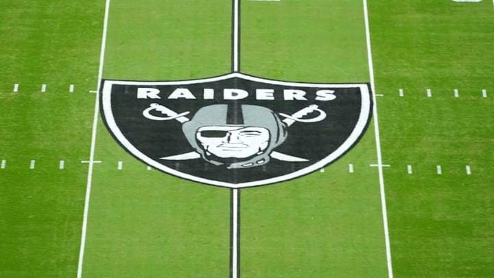 Oct 27, 2024; Paradise, Nevada, USA; A Las Vegas Raiders shield logo at midfield at Allegiant Stadium. Mandatory Credit: Kirby Lee-Imagn Images