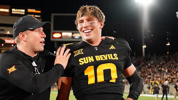 Sep 26, 2025; Tempe, Arizona, USA; Arizona State Sun Devils quarterback Sam Leavitt (10) celebrates with head coach Kenny Dillingham after win against TCU Horned Frogs at Mountain America Stadium, Home of the ASU Sun Devils. Mandatory Credit: Jacob Reiner-Imagn Images