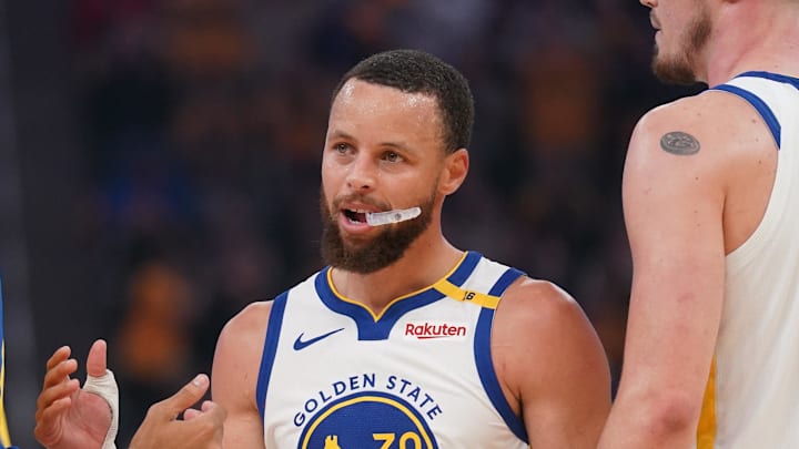 Apr 15, 2025; San Francisco, California, USA; Golden State Warriors guard Stephen Curry (30) walks towards the team bench during a timeout against the Memphis Grizzlies in the first quarter at the Chase Center. Mandatory Credit: Cary Edmondson-Imagn Images