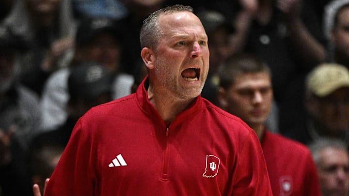 Indiana Hoosiers coach Darian DeVries against the Purdue Boilermakers at Mackey Arena. 