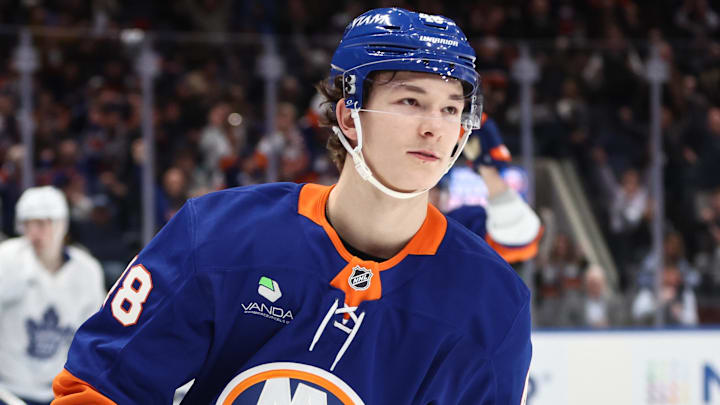 Apr 9, 2026; Elmont, New York, USA;  New York Islanders defenseman Matthew Schaefer (48) reacts after scoring a goal in the second period against the Toronto Maple Leafs at UBS Arena. Mandatory Credit: Wendell Cruz-Imagn Images