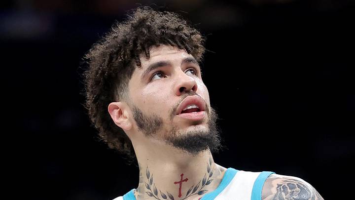Mar 31, 2026; Brooklyn, New York, USA; Charlotte Hornets guard LaMelo Ball (1) reacts during the first quarter against the Brooklyn Nets at Barclays Center. Mandatory Credit: Brad Penner-Imagn Images
