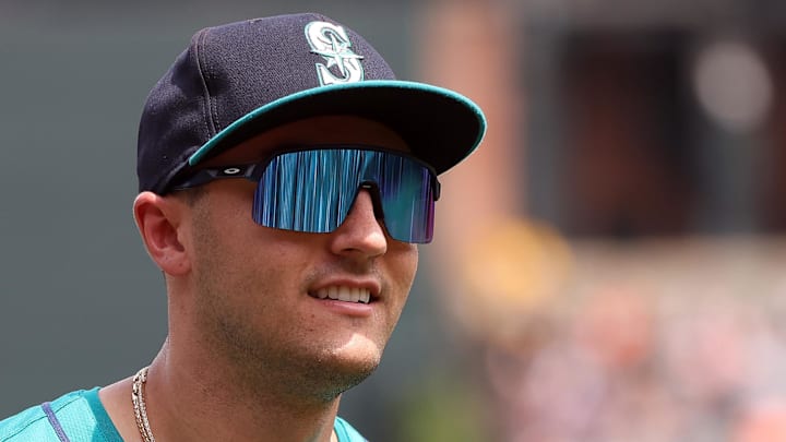 Seattle Mariners outfielder Dominic Canzone (8) looks on before a game against the Baltimore Orioles at Oriole Park at Camden Yards on Aug. 14. Seattle Mariners outfielder Dominic Canzone (8) looks on before a game against the Baltimore Orioles at Oriole Park at Camden Yards on Aug. 14.