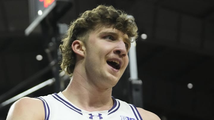 Dec 13, 2025; Evanston, Illinois, USA; Northwestern Wildcats forward Nick Martinelli (2) reacts after scoring against the Jackson State Tigers during the second half at Welsh-Ryan Arena. Mandatory Credit: David Banks-Imagn Images