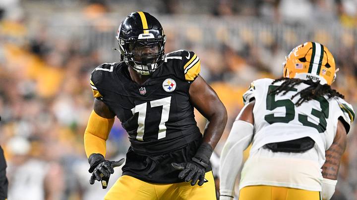 Aug 13, 2026; Pittsburgh, Pennsylvania, USA; Pittsburgh Steelers offensive tackle Broderick Jones (77) looks to block Green Bay Packers defensive end Arron Mosby (53) during the second half at Acrisure Stadium. Mandatory Credit: Barry Reeger-Imagn Images Aug 13, 2026; Pittsburgh, Pennsylvania, USA; Pittsburgh Steelers offensive tackle Broderick Jones (77) looks to block Green Bay Packers defensive end Arron Mosby (53) during the second half at Acrisure Stadium. Mandatory Credit: Barry Reeger-Imagn Images
