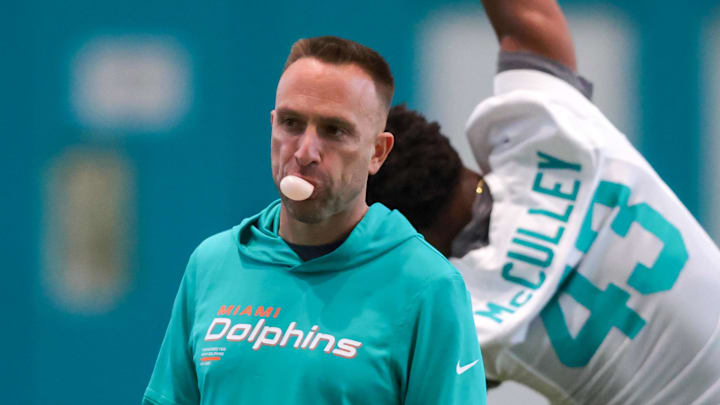 May 8, 2026; Miami Gardens, FL, USA; Miami Dolphins head coach Jeff Hafley works with his players during rookie minicamp at Baptist Health Training Complex. Mandatory Credit: Sam Navarro-Imagn Images May 8, 2026; Miami Gardens, FL, USA; Miami Dolphins head coach Jeff Hafley works with his players during rookie minicamp at Baptist Health Training Complex. Mandatory Credit: Sam Navarro-Imagn Images
