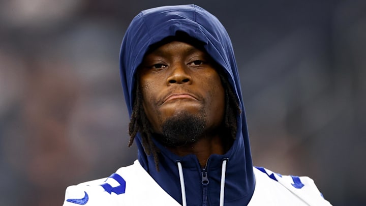 Aug 22, 2025; Arlington, Texas, USA; Dallas Cowboys wide receiver George Pickens (3) before the game against the Atlanta Falcons at AT&T Stadium. Mandatory Credit: Kevin Jairaj-Imagn Images