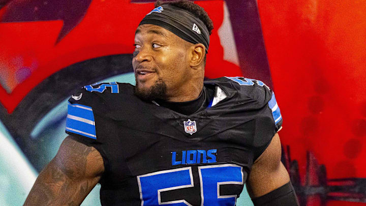 Detroit Lions linebacker Derrick Barnes (55) walks back to the locker room after the game against the Buccaneers