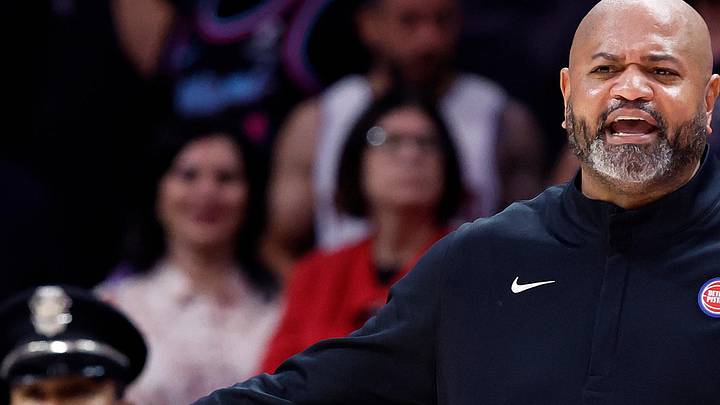 Nov 29, 2025; Miami, Florida, USA;  Detroit Pistons head coach J.B. Bickerstaff reacts during the second half against the Miami Heat at Kaseya Center. Mandatory Credit: Rhona Wise-Imagn Images