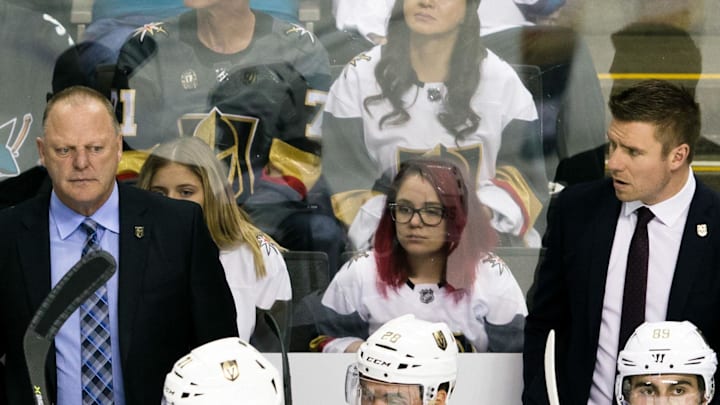 Apr 30, 2018; San Jose, CA, USA; Vegas Golden Knights head coach Gerard Gallant (center) and assistant coaches Mike Kelly (left) and Ryan Craig (right) watch the game against the San Jose Sharks in the third period of game three of the second round of the 2018 Stanley Cup Playoffs at SAP Center at San Jose. Mandatory Credit: John Hefti-Imagn Images