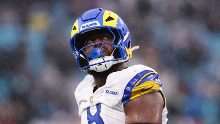 Nov 30, 2025; Charlotte, North Carolina, USA; Los Angeles Rams linebacker Jared Verse (8) looks on during the third quarter against the Carolina Panthers at Bank of America Stadium. Mandatory Credit: Scott Kinser-Imagn Images