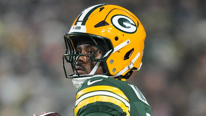 Dec 27, 2025; Green Bay, Wisconsin, USA;  Green Bay Packers quarterback Malik Willis (2) during warmups prior to the game against the Baltimore Ravens at Lambeau Field. Mandatory Credit: Jeff Hanisch-Imagn Images