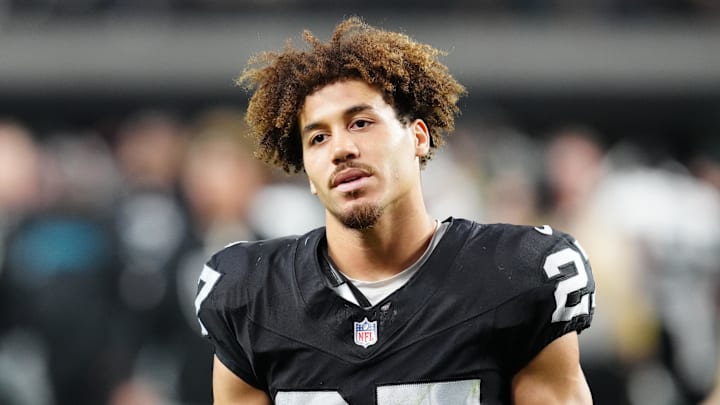 Nov 2, 2025; Paradise, Nevada, USA; Las Vegas Raiders safety Tristin McCollum (27) reacts after the loss against the Jacksonville Jaguars at Allegiant Stadium. Mandatory Credit: Stephen R. Sylvanie-Imagn Images Nov 2, 2025; Paradise, Nevada, USA; Las Vegas Raiders safety Tristin McCollum (27) reacts after the loss against the Jacksonville Jaguars at Allegiant Stadium. Mandatory Credit: Stephen R. Sylvanie-Imagn Images