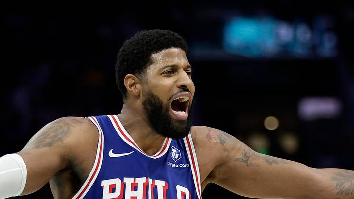 Mar 28, 2026; Charlotte, North Carolina, USA; Philadelphia 76ers forward Paul George (8) reacts to a foul call during the fourth quarter against the Charlotte Hornets at Spectrum Center. Mandatory Credit: Brian Westerholt-Imagn Images