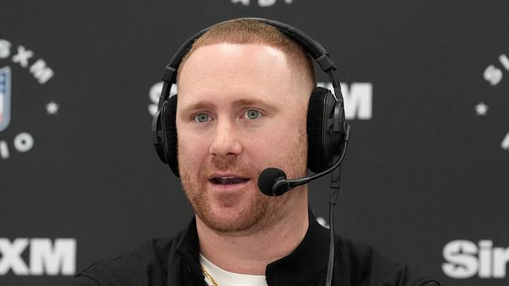 Feb 24, 2026; Indianapolis, IN, USA; Buffalo Bills coach Joe Brady on the SiriusXM NFL Radio set at the NFL Scouting Combine at the Indiana Convention Center. Mandatory Credit: Kirby Lee-Imagn Images