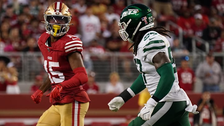 Sep 9, 2024; Santa Clara, California, USA; San Francisco 49ers wide receiver Jauan Jennings (15) runs a passing route in the third quarter against the New York Jets at Levi's Stadium.