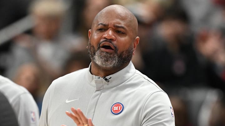 Cleveland Cavaliers guard Dennis Schroder (8) exchanges words with Detroit Pistons head coach J.B. Bickerstaff in the second half at Little Caesars Arena on Feb 27, 2026. Cleveland Cavaliers guard Dennis Schroder (8) exchanges words with Detroit Pistons head coach J.B. Bickerstaff in the second half at Little Caesars Arena on Feb 27, 2026.