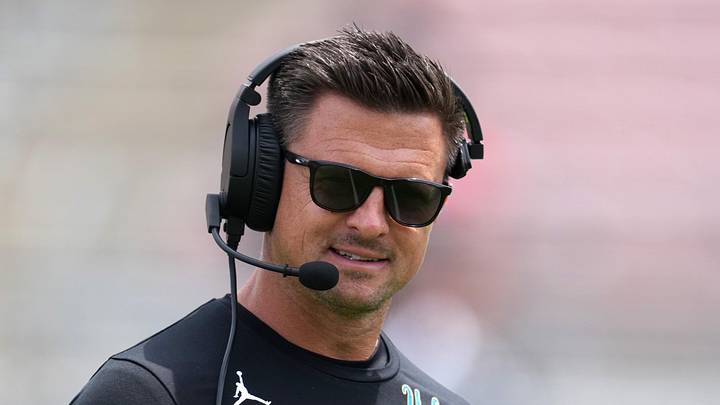 May 2, 2026; Pasadena, CA, USA; UCLA Bruins coach Bob Chesney reacts during the spring game at Rose Bowl. Mandatory Credit: Kirby Lee-Imagn Images