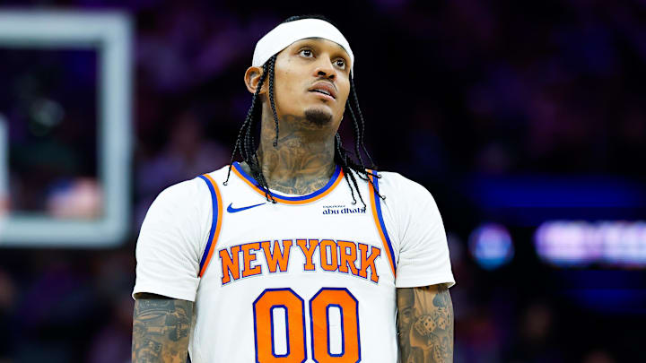 Jan 14, 2026; Sacramento, California, USA; New York Knicks guard Jordan Clarkson (00) looks on during the third quarter against the Sacramento Kings at Golden 1 Center. Mandatory Credit: Sergio Estrada-Imagn Images
