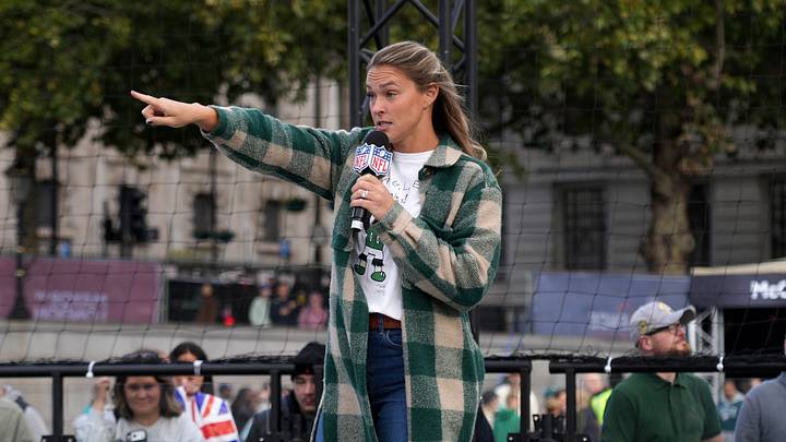 Kylie Kelce, the wife of Jason Kelce, speaks at the NFL Experience at Trafalgar Square. Kylie Kelce, the wife of Jason Kelce, speaks at the NFL Experience at Trafalgar Square.