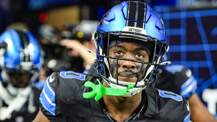 Detroit Lions cornerback Terrion Arnold (0).